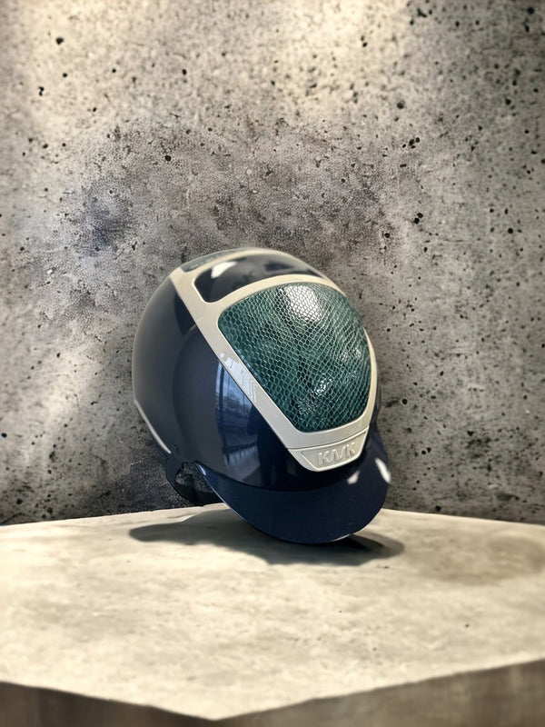 Kask Helmet, navy shine shell with a teal faux snake skin leather