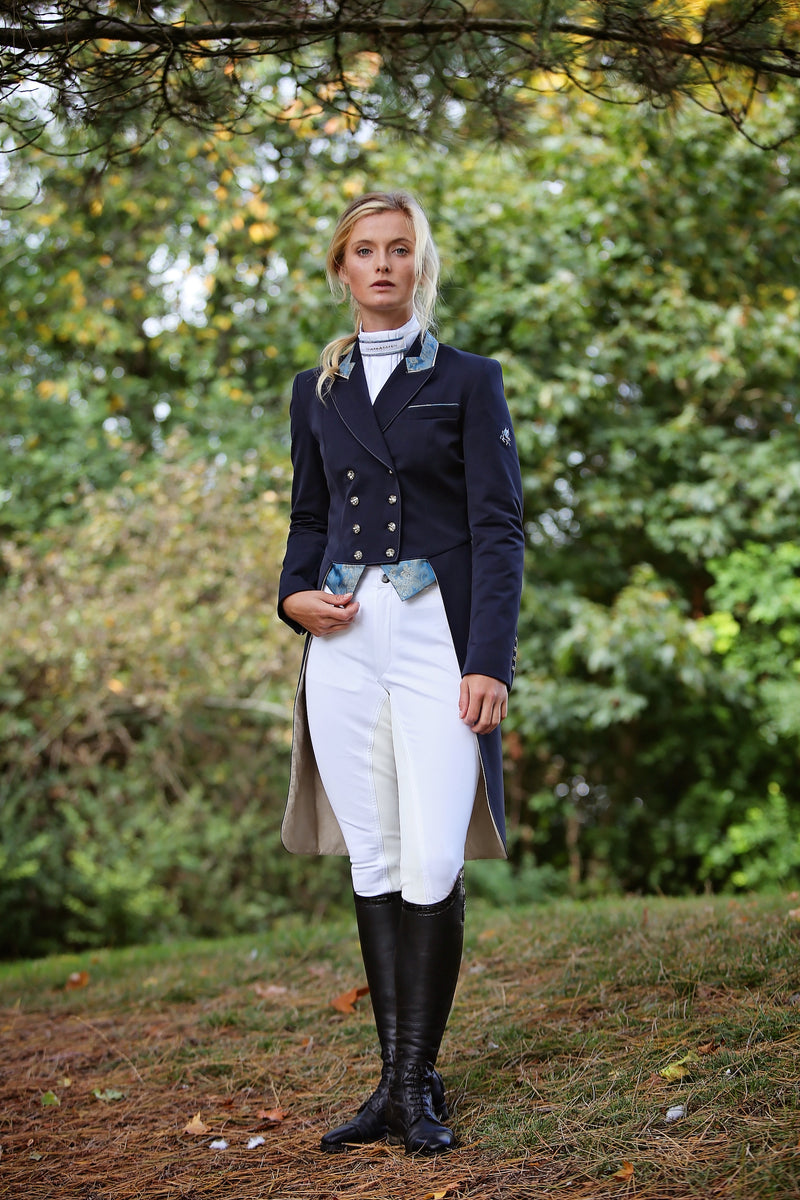 Ladies Isabell Dressage Tailcoat, Navy & Blue Gold Paisley