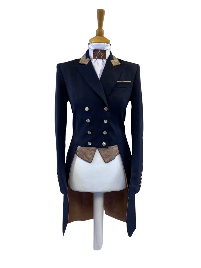 Ladies Isabell Dressage Tailcoat, Navy & Copper Paisley Trim
