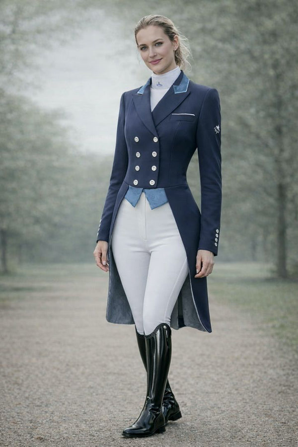 Ladies Isabell Dressage Tailcoat, Navy & Denim Detailing - RTW