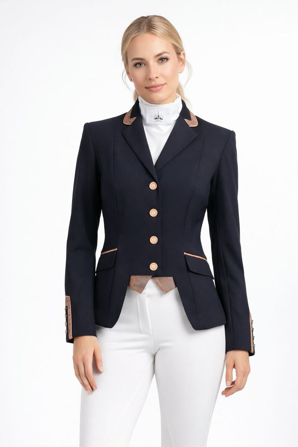 Ladies Gina Cutaway Short Jacket, Navy, Rose Gold & Rose Gold Paisley Detailing