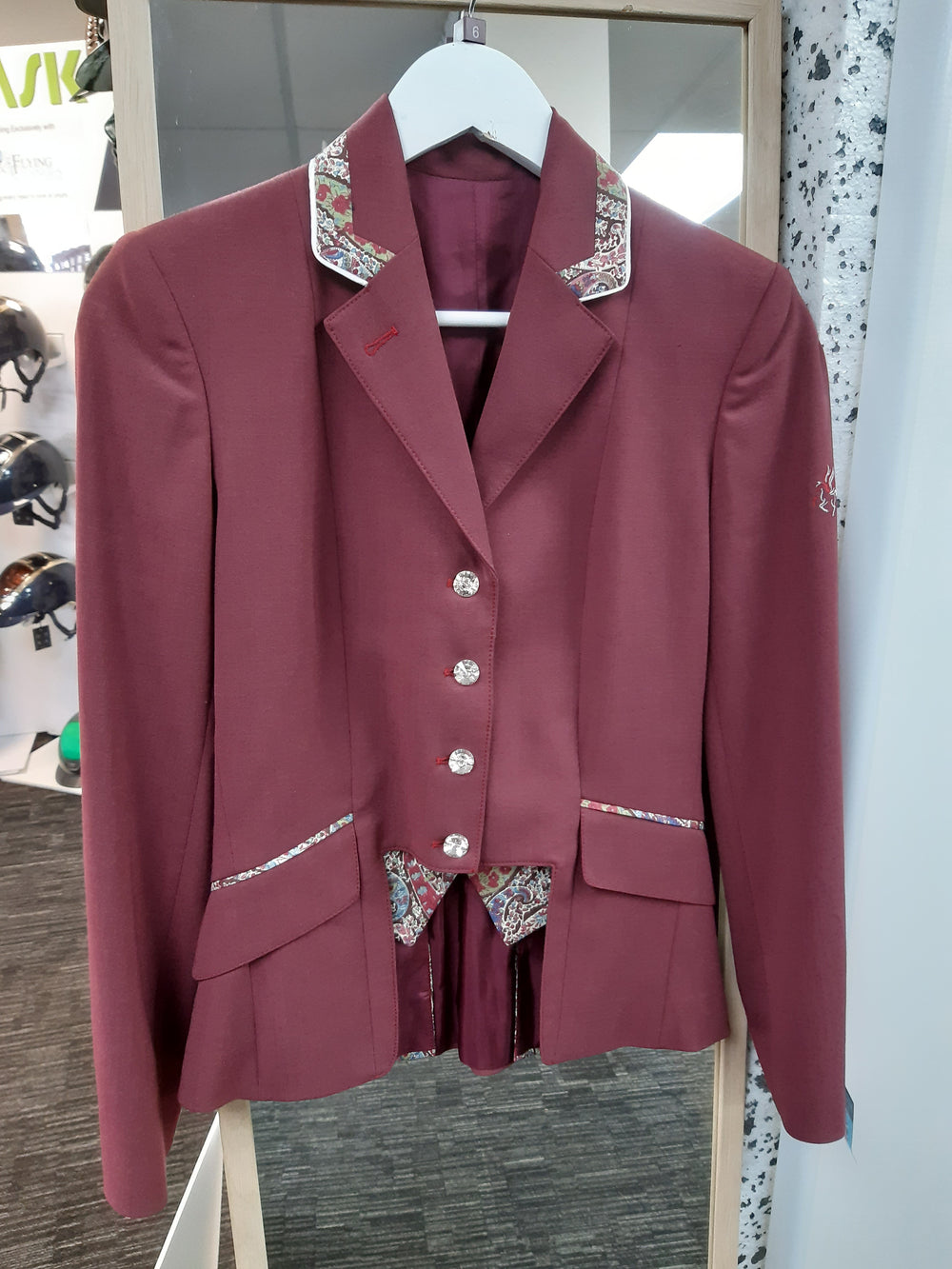 SALE -  Ladies Gina Cut Away Short Jacket, Burgundy with Burgundy Liberty Print - UK Size 6