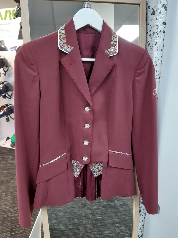 SALE -  Ladies Gina Cut Away Short Jacket, Burgundy with Burgundy Liberty Print - UK Size 6