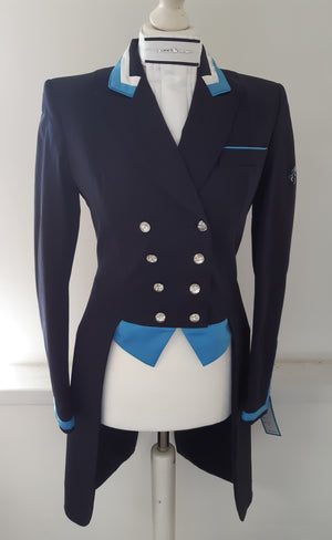 Ladies Isabell Dressage Tailcoat, Navy & Turquoise Tri Collar
