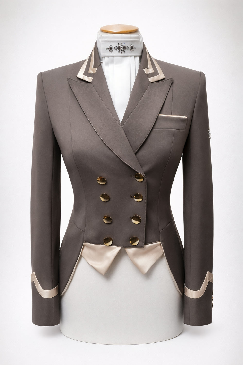Ladies Catherine Short Tailcoat, Pebble and Champagne Tri Collar