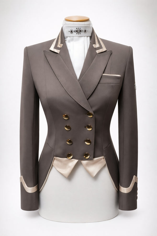 Ladies Catherine Short Tailcoat, Pebble and Champagne Tri Collar
