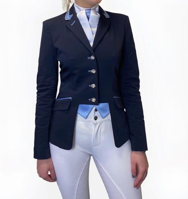 Ladies Gina Cutaway Short Jacket, Navy & Sky Blue - Custom measurements