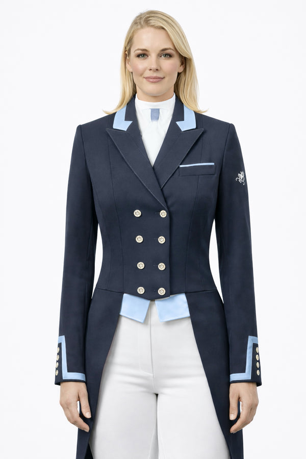 SALE - Ladies Isabell Dressage Tailcoat, Navy with Sky blue contrast, UK Size 12 SPL