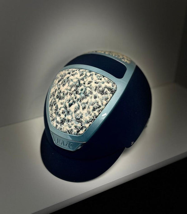 SALE Kask Helmet, navy matt shell with teal and navy patterned leather