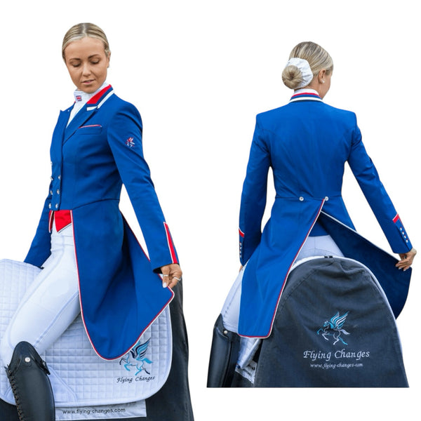 Ladies Isabell Dressage Tailcoat, Classic Blue & Red and White Detailing