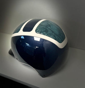 SALE Kask Helmet, navy shine shell with a teal faux snake skin leather