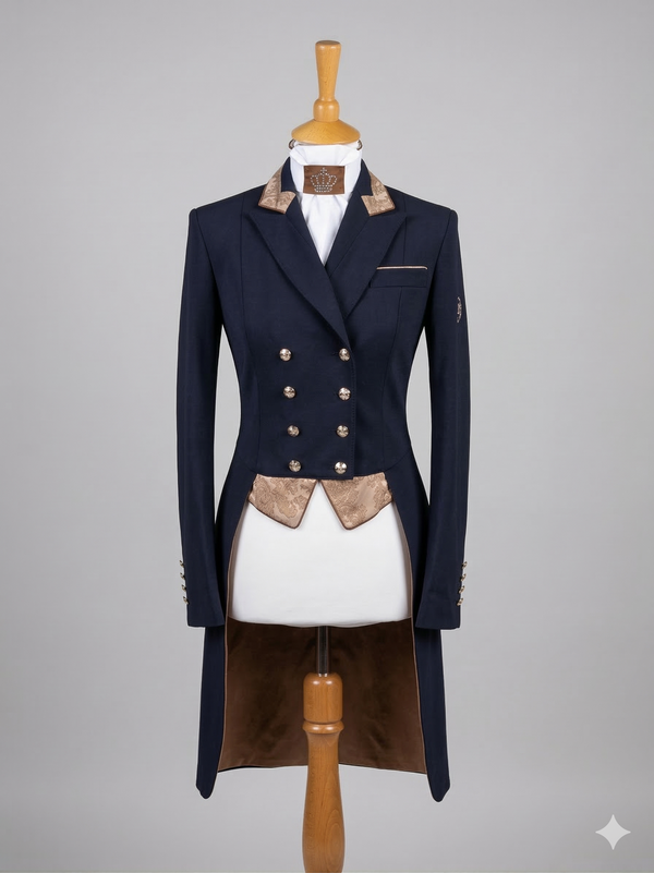 Ladies Isabell Dressage Tailcoat, Navy & Copper Paisley Trim - RTW
