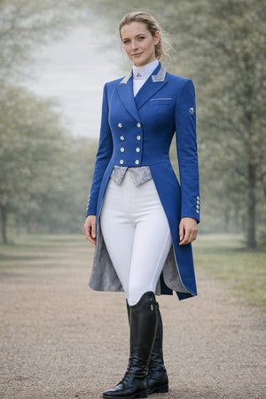 SALE Ladies Isabell Dressage Tailcoat, Classic Blue & Blue Silver Paisley size UK12