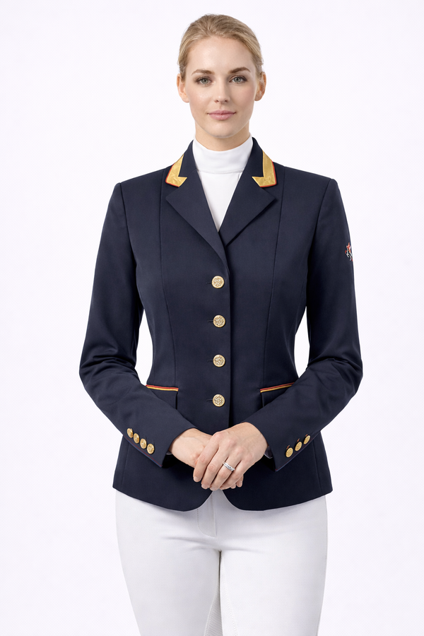 Sale Ladies Charlotte Short Jacket Navy & New Gold Contrast, Red Piping