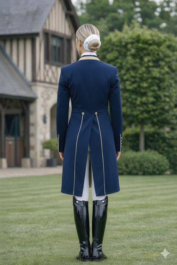 Ladies Isabell Dressage Tailcoat, Navy & Gold with Reversible Points - RTW