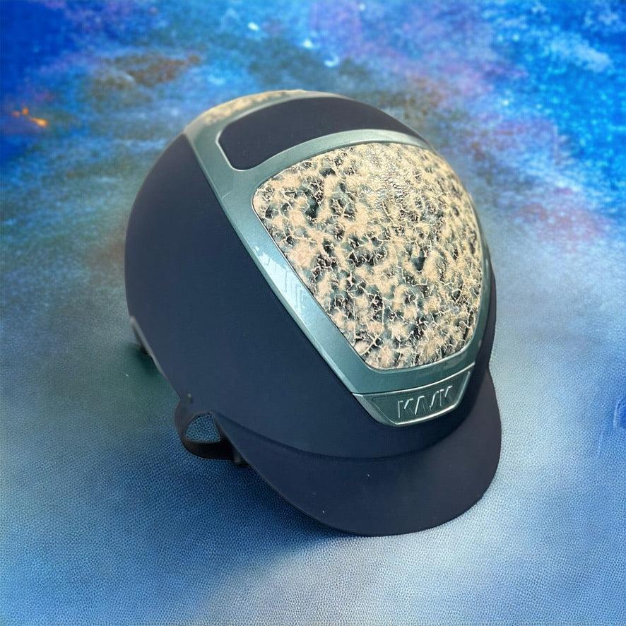 SALE Kask Helmet, navy matt shell with teal and navy patterned leather