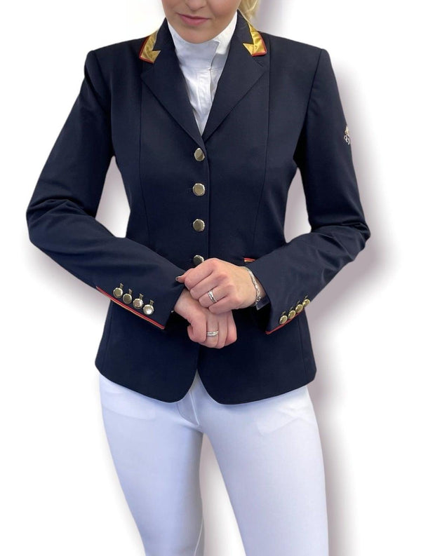 Sale Ladies Charlotte Short Jacket Navy & New Gold Contrast, Red Piping