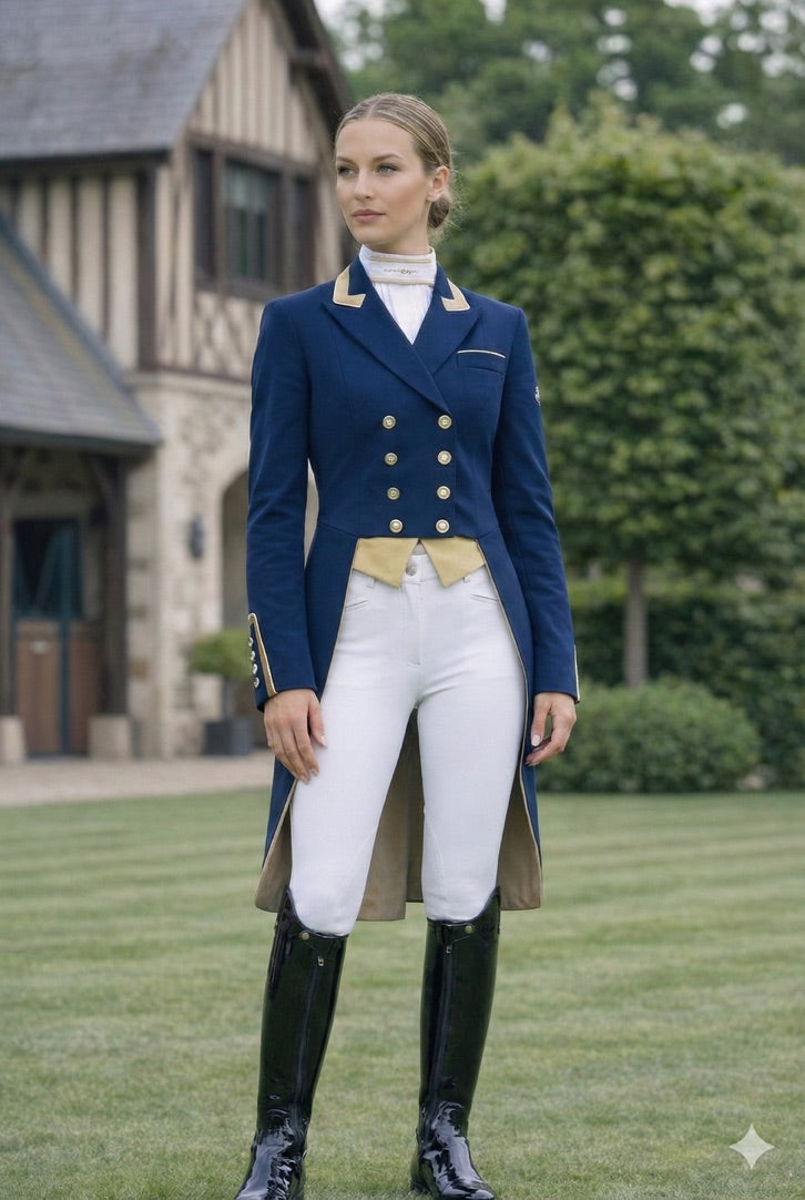 Ladies Isabell Dressage Tailcoat, Navy & Gold with Reversible Points - RTW