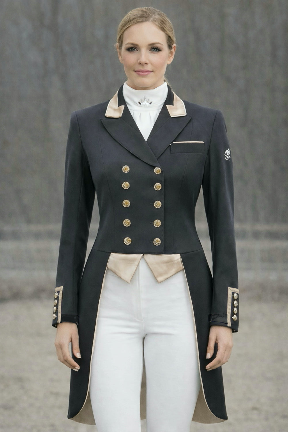 Sale Ladies Isabell Dressage Tailcoat, Black with champagne contrast size UK10