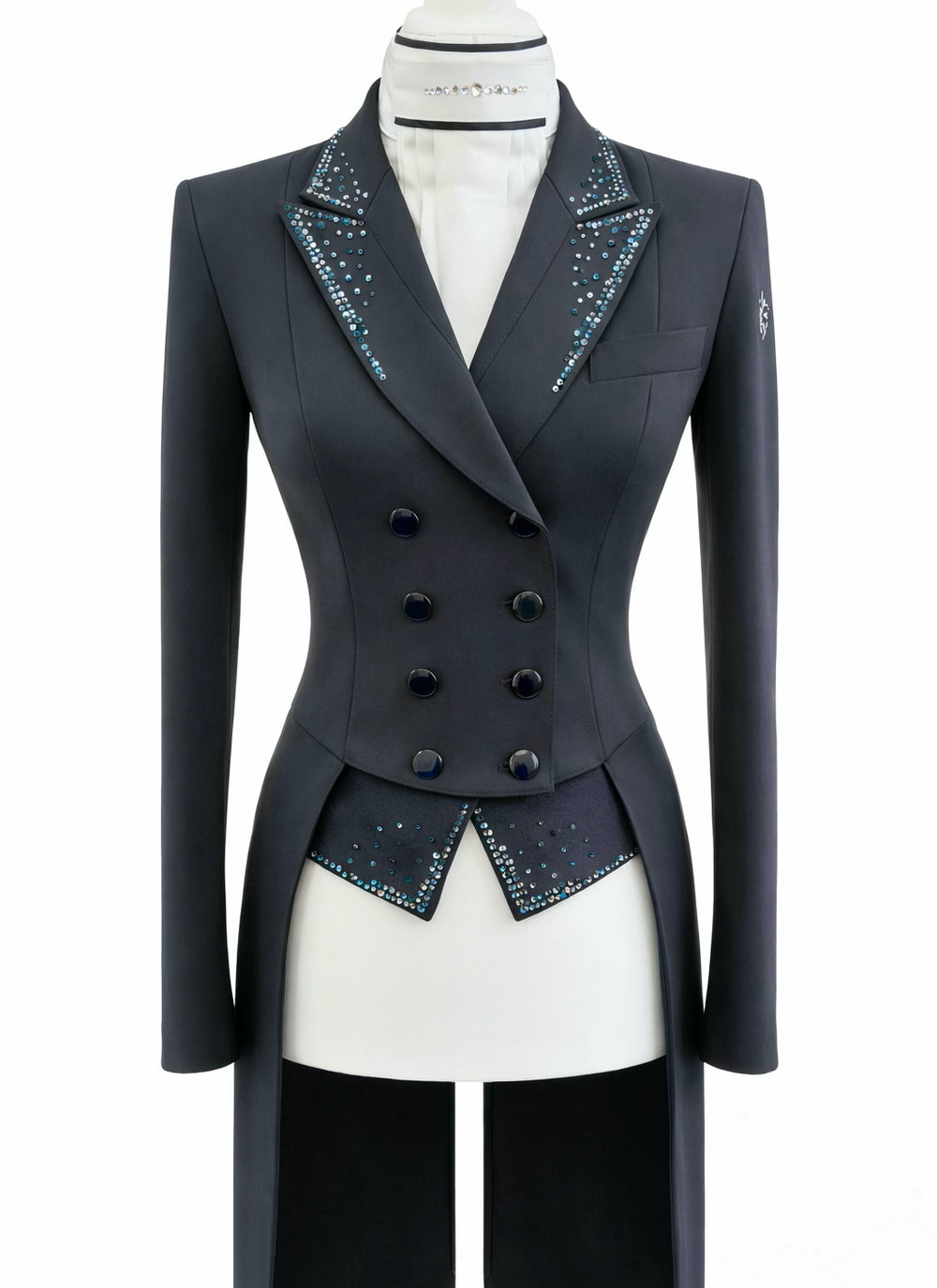 Ladies Isabell Dressage Tailcoat, Navy with Denim Swarovski crystal embellishments