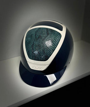 SALE Kask Helmet, navy shine shell with a teal faux snake skin leather