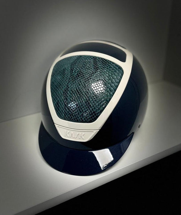 Kask Helmet, navy shine shell with a teal faux snake skin leather