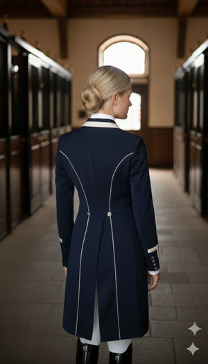 Ladies Isabell Dressage Tailcoat, Navy & Champagne Detailing