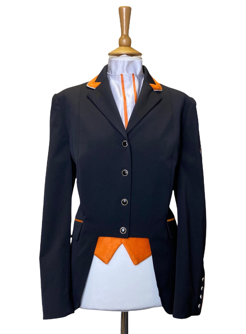 SALE -  Ladies Gina, UK size 18, Cut Away Short Jacket SPL, Black & Orange Suede