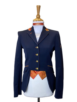 SALE - Ladies Gina Cut Away Short Jacket, Navy & Orange Paisley, UK Size 8L