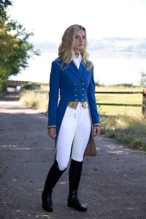 Ladies Isabell Dressage Tailcoat, Classic Blue & New Gold - Custom measurements
