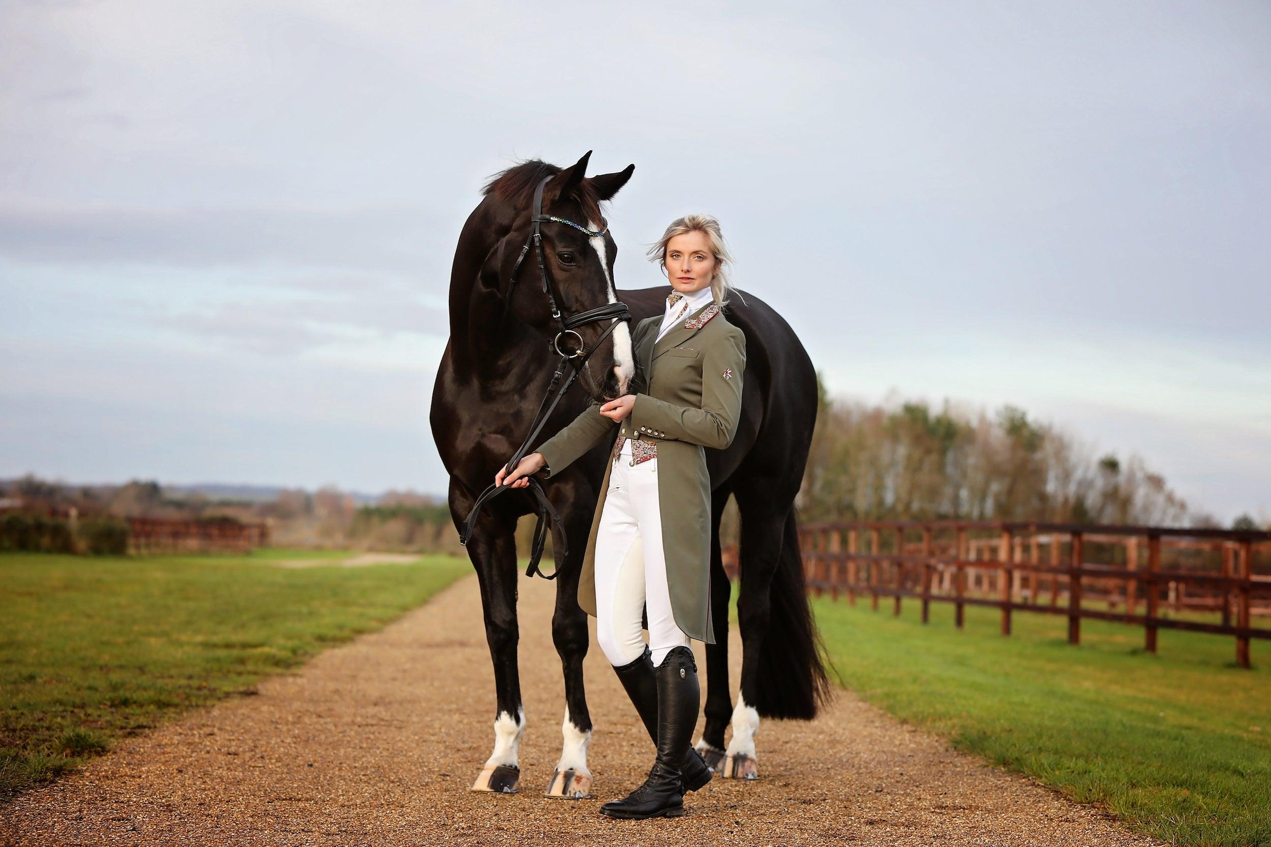 Ladies Isabell Dressage Tailcoat, Sage & Burgundy Liberty Print