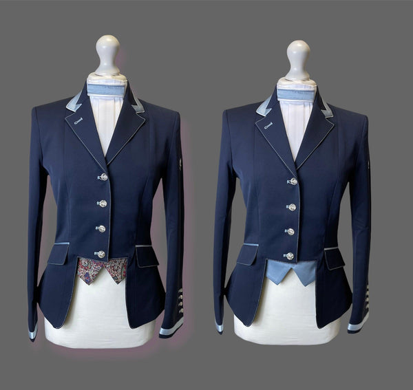 Ladies Gina Cutaway Short Jacket, Navy & Slate Detailing and Interchangeable Points - Custom measurements