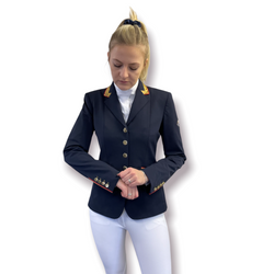 Sale Ladies Charlotte Short Jacket Navy & New Gold Contrast, Red Piping