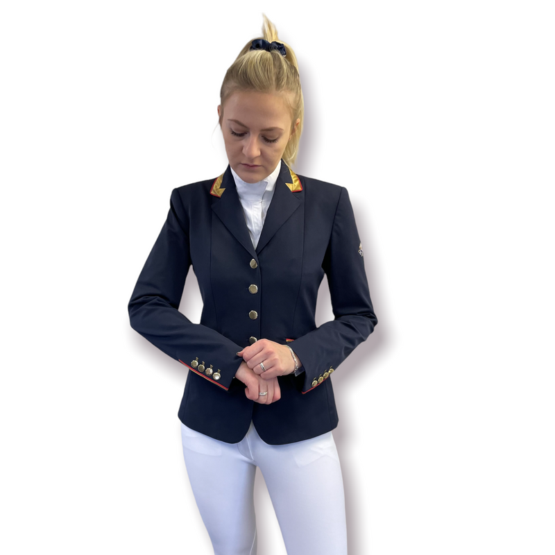Ladies Charlotte Short Jacket Navy & New Gold Contrast, Red Piping