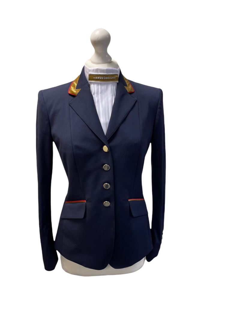 Ladies Charlotte Short Jacket Navy & New Gold Contrast, Red Piping