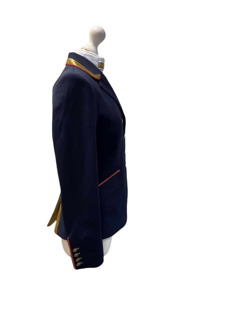 Ladies Charlotte Short Jacket Navy & New Gold Contrast, Red Piping