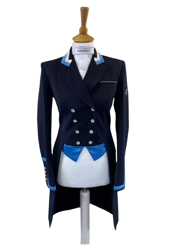 Ladies Isabell Dressage Tailcoat, Navy & Sky Blue/White Bi Collar