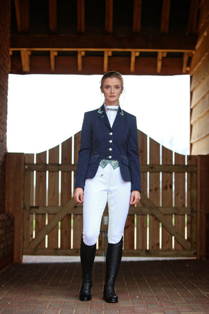 Ladies Gina Cutaway Short Jacket, Navy & Teal Liberty Print