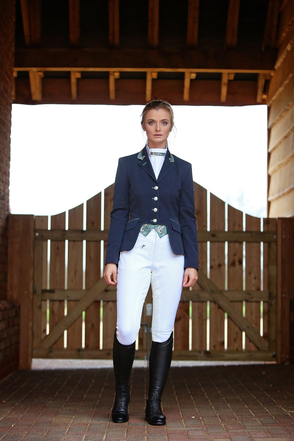 Ladies Gina Cutaway Short Jacket, Navy & Teal Liberty Print